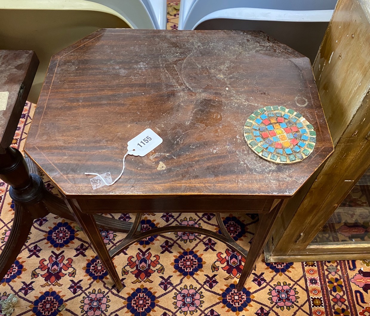 A George III octagonal mahogany work table, width 48cm, depth 37cm, height 78cm